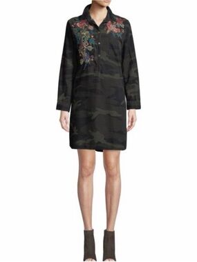 Johnny Was Workshop Green Camouflage Shirt Dress with Floral Embroidery - Sz S